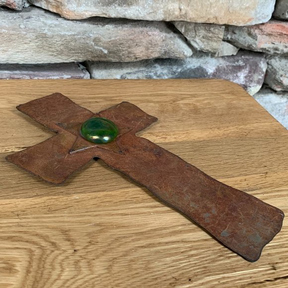 Western Rusty Metal Cross Star Glass Rust Green Southwest Cowboy Ranch - Picture 2 of 6